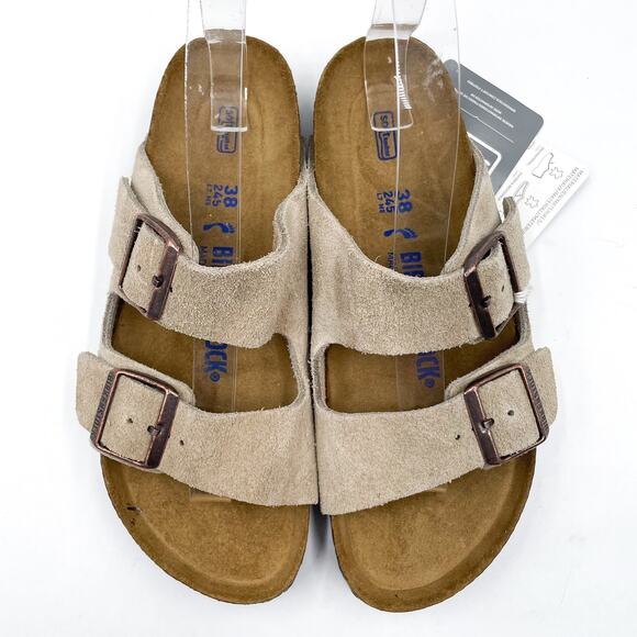 Birkenstock Arizona Sandals Taupe Leather Slides Sz 38 / 7 NARROW Women's - Picture 2 of 12
